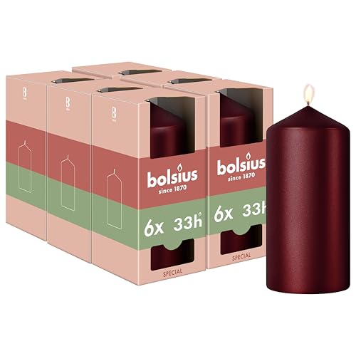 Bolsius - Special Essentials - Smooth Pillar Candles - Set of 6 - Red Metallic - 12 cm - Decorative Candles - Made with Natural Plant-Based Wax - Palm Oil Free