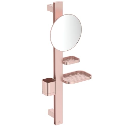 Ideal Standard Alu+ Beauty mirror, Accessory combination S, with Ø 205 mm cosmetic mirror (3x magnification) and adjustable shelves, made from 100% recycled aluminum – Rosé (310.5x160x717 mm)