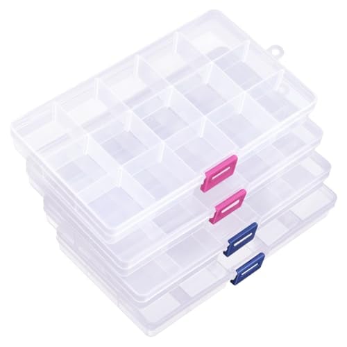 IOOLEEM 15 Grids Plastic Bead Organizer Box, Clear Organizer Container Storage Box, Dividers for bead arts and crafts.(4 Pack)