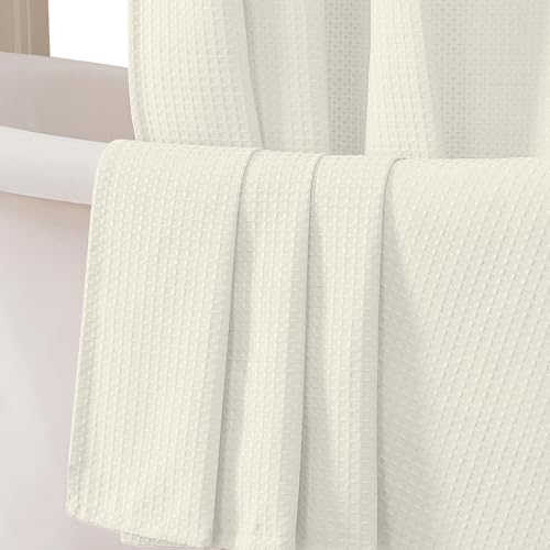 OVZME Extra Long Shower Curtain Set - 84 Inch Long Waffle Weave Heavy Duty Cloth Shower Curtain for Bathroom, Luxury Weighted 230GSM Bath Curtain Set with 12 Plastic Hooks, 72x84, Cream
