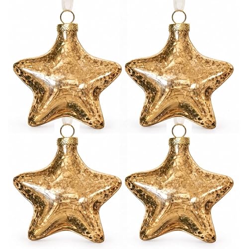 DN DECONATION Christmas Baubles Set Glass Stars Gold - Christmas Tree Decoration Baubles - Glass Christmas Tree Decorations for Christmas Decoration Tree, Winter, Party & Wedding (Pack of 4)