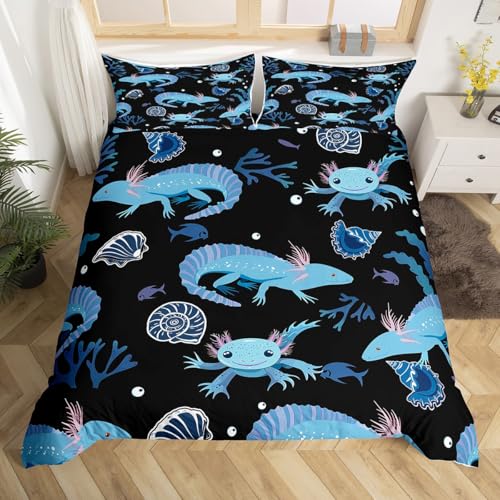 Feelyou Cartoon Axolotl Duvet Cover Kawaii Axolotl Comforter Cover 3D Animals Theme Bedding Set for Kids Adults Salamander Black Blue Bedspread Cover Ultra Soft Room Decor Quilt Cover 3Pcs Queen Size