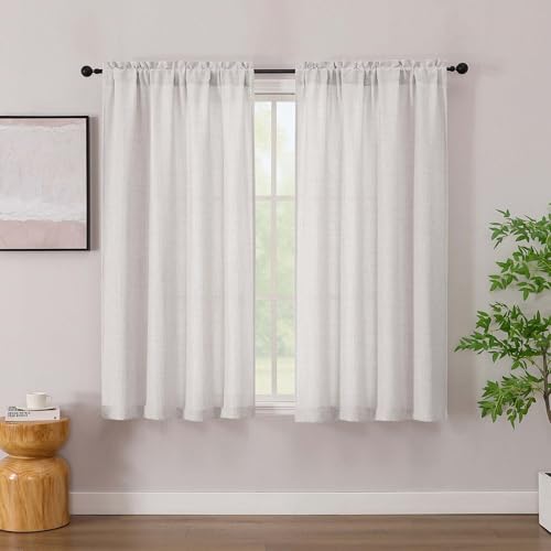 "Simplebrand Natural Linen Curtains 54 Inch Length 2 Panels, Faux Linen Textured Light Filtering Privacy Curtains, Soft Dual Rod Pocket Semi Small Window Drapes for Bedroom Bathroom, Each 30"" Wx45 L"