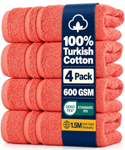 Hammam Linen Coral Orange Hand Towels 4-Pack - 16 x 30 Turkish Cotton Premium Quality Soft and Absorbent Small Towels for Bathroom