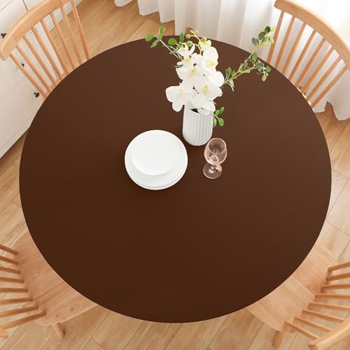 Wolkemer 5ft Fitted Round Tablecloth Spandex Stretch Cocktail Table Cover Elastic Edge Brown Table Topper Cap for Dining Wedding Party Picnic 60 Inch