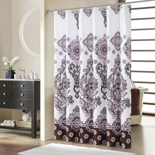 "BESTRIPES 90 Inch Extra Long Shower Curtain, Luxury White Baroque Bath Curtain with Brown & Pink Paisley Medallion Print, Waterproof Premium Fabric, 72"" W x 90"" H"
