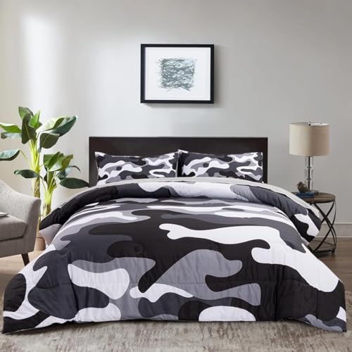 Holawakaka Full Size Camouflage Bedding Comforter Set with Sheets, Boys Girls Men Camo Bed in A Bag 5 Pieces, Kids Teens Dorm Bed Sets Neutral Farmhouse Lodge Cabin Army Bedspread (Grey, Full)