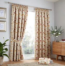 Curtina Natural & Red Floral Pencil Pleat Curtains – W66 x L54 (168x137cm) – Jacquard Heavyweight Drapes – Vintage Flower Design – Lined Curtain Pair for Bedroom/Living Room – Classic Style