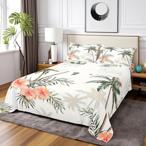 Castle Fairy Coconut Tree Bed Sheet King Size,Palm Leaves with Floral Sheets Sets Adults Bedroom Decor,Tropical Plant Bedding Set with Flat,Fitted Sheet,2 Pillow Cases