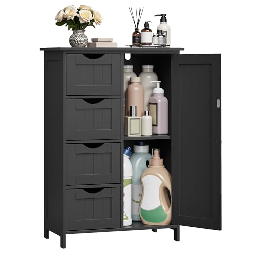 VASAGLE Bathroom Floor Storage Cabinet, Bathroom Storage Unit with 4 Drawers, Bathroom Cabinet Freestanding, with 1 Door, Adjustable Shelf, 30 x 55 x 82 cm, Ink Black LHC041B02