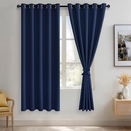JIUZHEN Navy Blue Blackout Curtains with Tiebacks Thermal Insulated, Light Blocking and Noise Reducing Grommet Curtains for Bedroom and Living Room, Set of 2 Window Curtain Panels, 60 x 72 Inch Length
