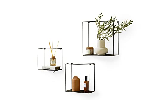 LIFA LIVING Set of 3 Wall Shelves, Square Floating Bookcases, Modern Black Metal Shelving Units, Pre-assembled Decorative Hanging Shelves, 3 kg Maximum Capacity