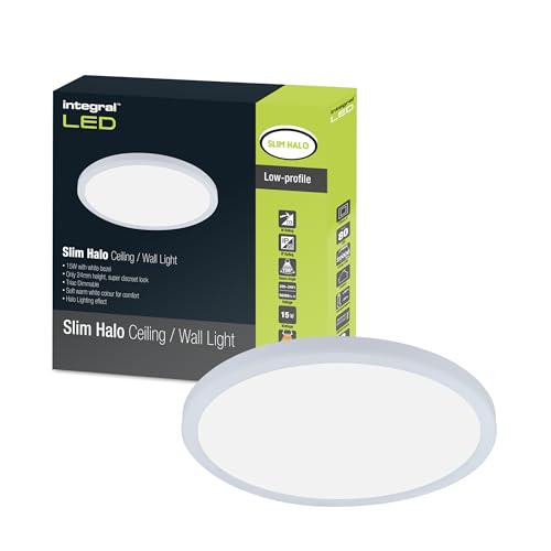 Integral LED 15W 1300LM Dimmable Halo Ceiling and Wall Light - 241mm Diameter - Modern Super-Slim Circular Design and White Bezel - Ideal for Bedroom, Kitchen, Living Room, Study and Corridor