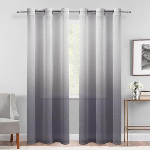 DWCN Faux Linen Grey Ombre Sheer Curtains - Gradient Semi Voile Grommet Top Window Curtains for Bedroom and Living Room, Set of 2 Panels, 42 x 84 Inches Long