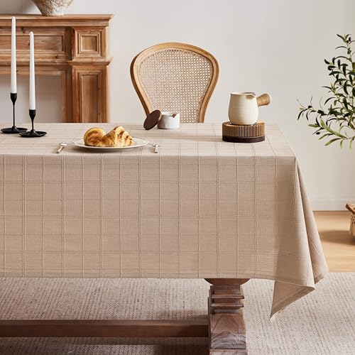 ZeeMart Linen Checked Rectangle Table Cloth 60x104 Inch Taupe - Fit 6ft???7ft, Narrow Fit 8ft Rectangle Table, Farmhouse Style Plaid Embroidered Coffee Water Resistant Table Cover