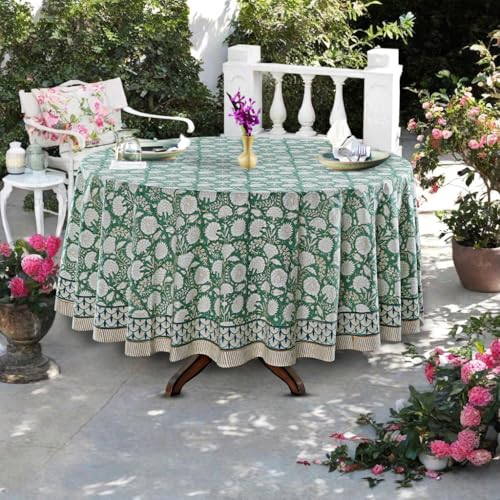 Ridhi Round Tablecloth Hand Block Print 100% Cotton Reusable Turquoise Moss Green 60 Inch Table Cover Decorative Everyday Use for Dining, Home, Party, Wedding, Farmhouse Gift for Spring, Mother's Day