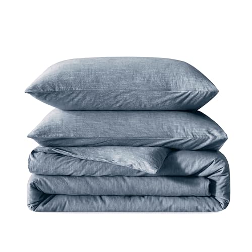 BFS HOME Linen Duvet Cover King Size - Soft Breathable Cotton Linen Blend, 3-Pieces Bedding Set with 2 Pillowcases, Stonewashed Texture, Denim Blue, All-Season Comfort