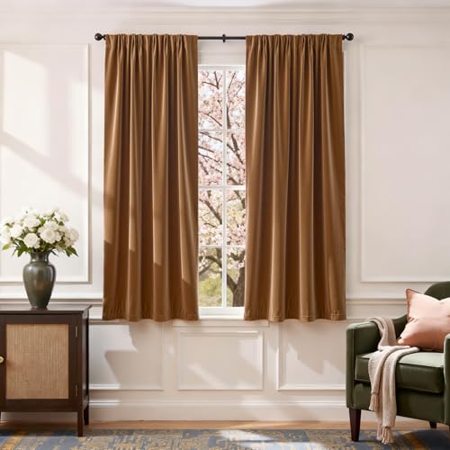 "Velvet Curtains Gold Taupe 63"" Thermal Insulated Home Decor Super Soft Luxury Drapes for Bedroom Rod Pocket Room Darkening Window Curtain for Living Room 2 Panels 52 by 63 Inch"