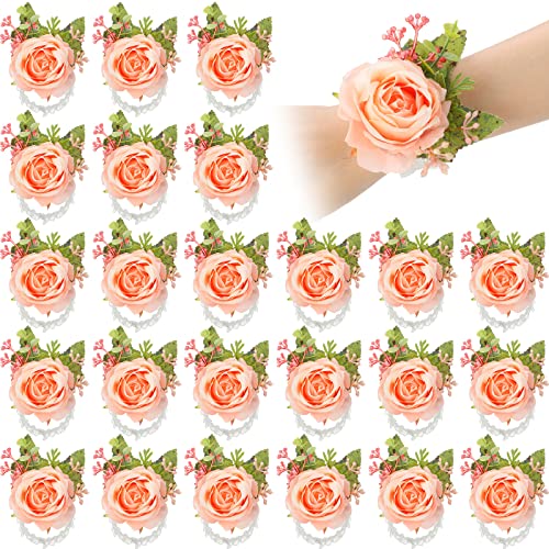 Sherr 24 Pcs Wedding Rose Wrist Corsage Wristlet Band for Bridal Bridesmaid Girls Women Flowers Bracelets Decor Wedding Artificial Flowers for Party Prom Wedding Homecoming (Pink)