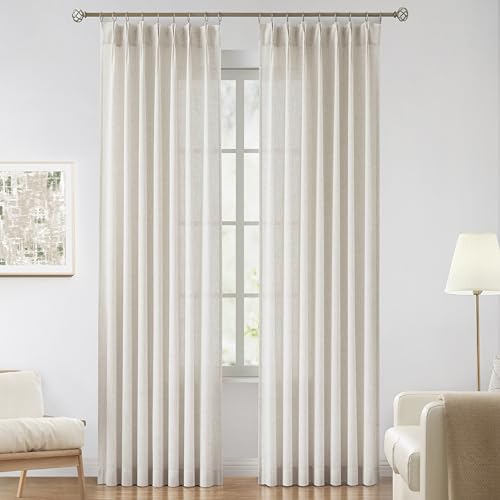"Vision Home Natural Pinch Pleated Semi Sheer Curtains Textured Linen Blended Light Filtering Window Curtains 120 inch for Living Room Bedroom Pinch Pleat Drapes with Hooks 10ft 2 Panels 42"" Wx120 L"