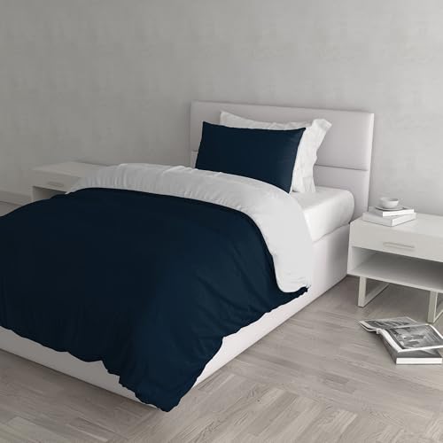Italian Bed Linen Natural Color Duvet Cover Set with Doubleface Solid Colour Bag Sheet and Pillowcase, 100% Cotton, Dark Blue/Light Gray, small double