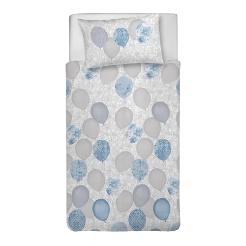 PENSIERI DELICATI Single Duvet Cover Set, 100% Cotton, Complete with 155 x 200 cm Bag and 1 Pillowcase 52 x 82 cm, Made in Italy, Duvet Cover Machine Washable At 40 Degrees, Blue Balloons Design