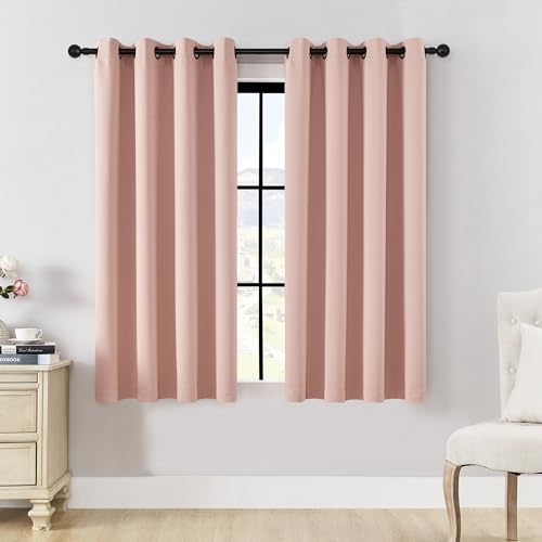 HUTO Blackout Bedroom Curtains Panels 54 Inch - Energy Saving Thermal Insulated Privacy Protect Antique Copper Grommet Sun Block Drapes for Living Room, 1 Pair, 52 by 54 Inch, Blush Pink