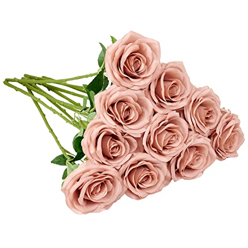 IUKnot Artificial Rose 10pcs Open Flower Bouquet Faux Rose Stems for Wedding Arrangement, Bridal Bouquet, Centerpiece, Fake Faux Silk Flowers (Light Dusty Rose)