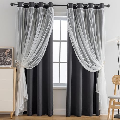 Anytime Home Curtains Blackout and Sheer Layered Solid Window Curtain Panel Pair with Grommet Top, 52Wx120L,Black
