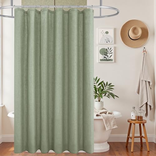 KOUFALL Sage Green Linen Shower Curains 84 Inch Length for Bathroom,Extra Long Curtain Liner Set with Hooks