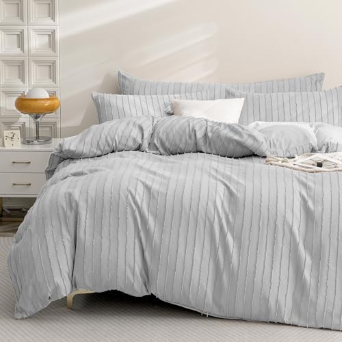 JELLYMONI Light Grey Striped Tufted Duvet Cover Set King Size - Soft Breathable, Cotton-Like Feel, Storage Bag, 8 Corner Ties & Hidden Zipper, Oeko-Tex Certified