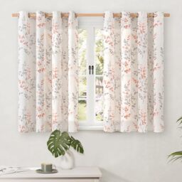 BGment Short Linen Curtains for Small Window 54 Inch Length 2 Panels, Boho Light Filtering Privacy Curtains for Farmhouse Bedroom Basement Bathroom, Cottage Leaf Design, Each 52 Inch Wide, Terracotta
