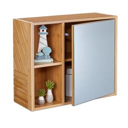 Relaxdays Mirror Bathroom Cabinet, 2 Open Compartments, Storage Space with Door, HxWxD: 45 x 54.5 x 20 cm, Natural