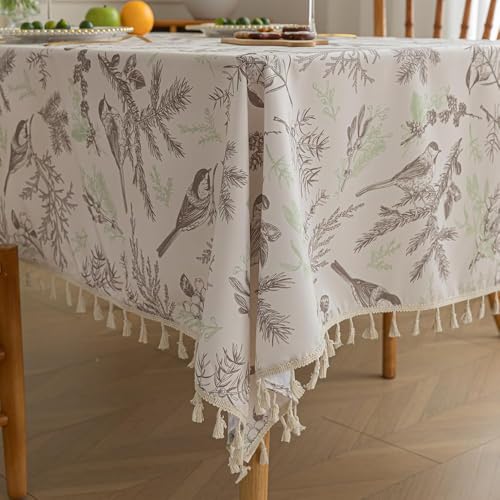 "Erbnaryx Designer Grey Tablecloth for Square Tables,Fringed Edges with Leaves and Birds Pattern Tablecloths,Farmhouse Floral Table Cover Cloth Decorative for Kitchen Dining Room,59""x 102"""