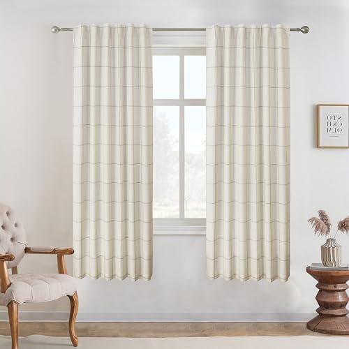 DriftAway 100% Blackout Plaid Linen Curtains 63 Inches Long 2 Panels Taupe - 100% Blackout, Linen Texture, Plaid Pattern, Two Layers, Rod Pocket & Back Tab, Bedroom Living Room Use, Luxury Appearance