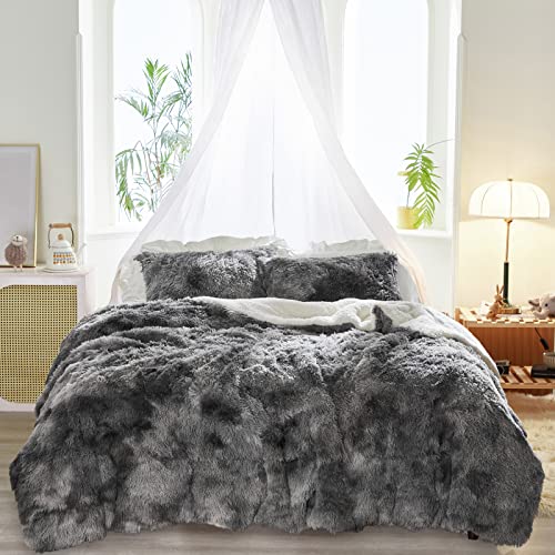 Joyreap 3-Piece Plush Shaggy Comforter Set, Twin Size Luxury Faux Fur Velvet Fluffy Bedding Set for All Season (Tie-dye Black, 68x86 inches)