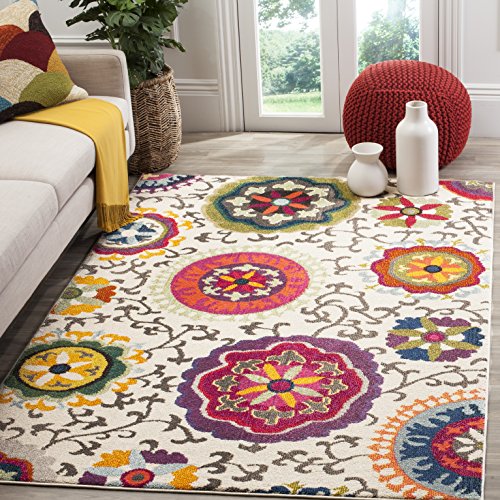 Safavieh Boho Chic Rug for Living Room, Dining Room, Bedroom - Monaco Collection, Short Pile, Ivory and Multi, 122 x 122 cm