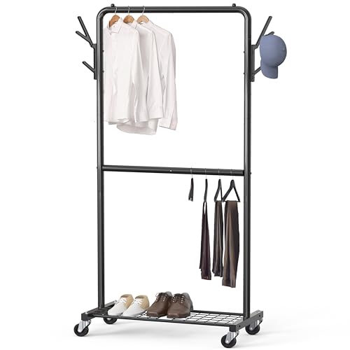 Simple Houseware Double Rod Garment Rack With Wheels and Hooks, Black