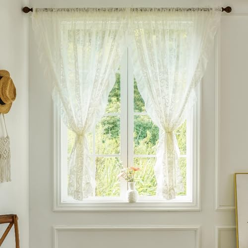 TUDECO Lace Curtains 45 Inch Length Sheer Floral Curtains for Small Window Victorian Privacy Rod Pocket Ivory Lace Decor Short 2 Panels 59 x 45 Inch