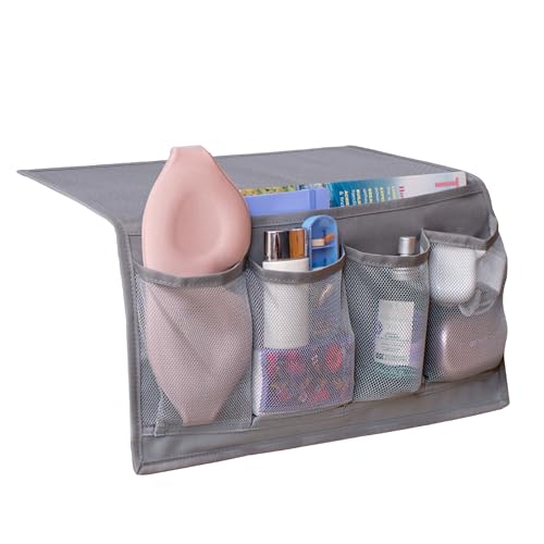 "Bedside Caddy Organizer 5 Pocket Hanging Storage for Bed, Magazine Holder with Under Mattress Anchor, Bedside Table Organizer for Tablets, Magazines, Phone, Glasses, Remote, Meds etc. 10""x17.5"""