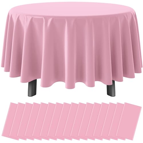 16 Pack Light Pink Plastic Tablecloth for Round Tables, Premium Decorative Pink Disposable Table Cloths for Parties, Bulk Round Party Table Cover for Birthday Wedding Anniversary Graduation, 84 Inch