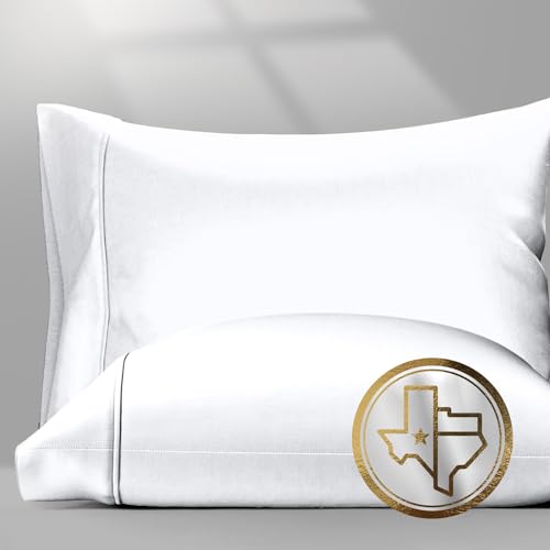 TEXAS LINEN CO. 100% Egyptian Cotton Pillow Cases Standard/Queen Size Set of 2 - Luxury 1500 Thread Count Sateen White Pillow Cases, Silky Soft Cotton Pillowcases Fits Standard & Queen Size Pillows