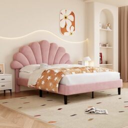 Ball & Cast Double bed frame, 4ft6 Double Upholstered Bed, Adjustable Chic Petal Headboard, Sturdy Wooden Slat Support, Velvet Fabric (No Mattress), Pink+Velvet/135CM*190CM