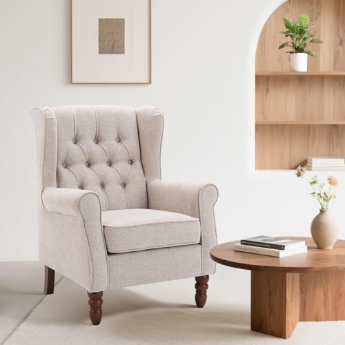 Wingback Armchair for Living Room, Upholstered High Back Accent Chair with Tufted Backrest, Rolled Arms and Solid Wood Legs, Comfortable Reading Chair for Lounge, Bedroom and Reception Area