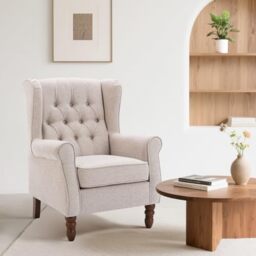 Wingback Armchair for Living Room, Upholstered High Back Accent Chair with Tufted Backrest, Rolled Arms and Solid Wood Legs, Comfortable Reading Chair for Lounge, Bedroom and Reception Area