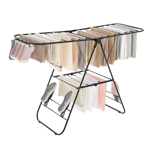 SONGMICS Clothes Airer, Foldable Drying Rack with Adjustable Wings - Clothes Horse, Free-Standing Laundry Drying Rack for Indoor and Outdoor Use, Steel, Black LLR502B01