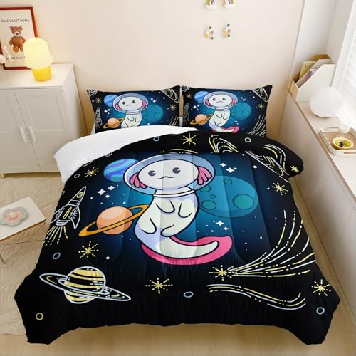 HOSIMA Axolotl Bedding Set for Kids Bedroom Decor,Space Cartoon Axolotl Pattern Kawaii Bedding Set,Wildlife Animals Reptile Toddler Comforter,Full Size Comforter with 2 Pillowcase.