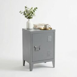 Homybec Small Metal Cabinet 1-Door, Free Standing 2 Tier Shelves Bedside Nightstand Cupboard, Side Storage Organizer for Home Office Study Bedroom Living Room, Grey, 57.5 x 40.5 x 30.5 cm