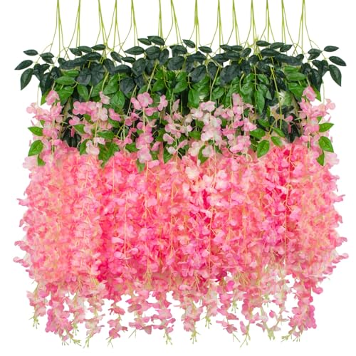 LUZOGA 24 Pack Artificial Wisteria Hanging Flowers Fake Wisteria Flower Silk Vines Rattan Decor for Home Wedding Arch Wall Garden Greenery Bedroom Outdoor Office Party Decoration (Dark Pink)