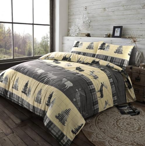 Kampala Hill Flannelette Tartan Stag Brushed Cotton Duvet Cover Set Bedding Set Grey King
